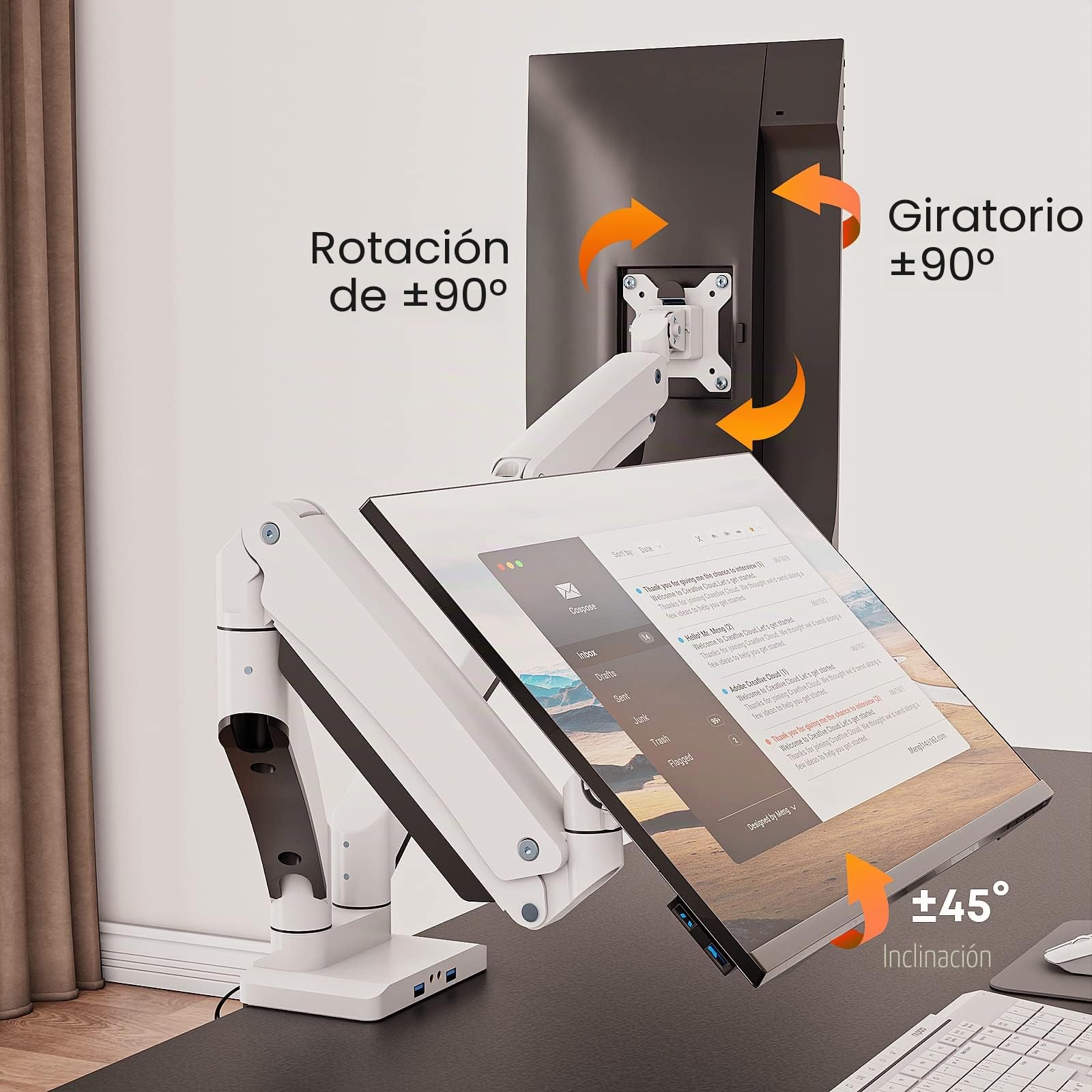 PUTORSEN Soporte Monitor Double para Pantalla Plana y Curvada de 17"-35", Brazo Monitor Doble de Gas con Altura Regulable con inclinaciones, 15 kg/Brazo, con USB 3.0, VESA 75&100mm,Blanco
