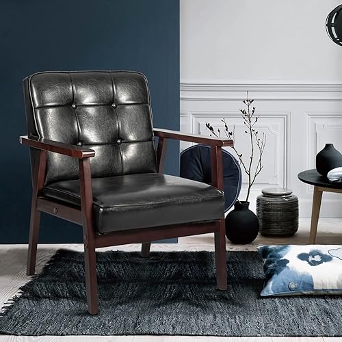 Miniatura 6 de Okeysen Silla decorativa moderna Mid-Century de cuero retro para sala de estar, sofá individual de madera maciza con cojín, sillas de salón con