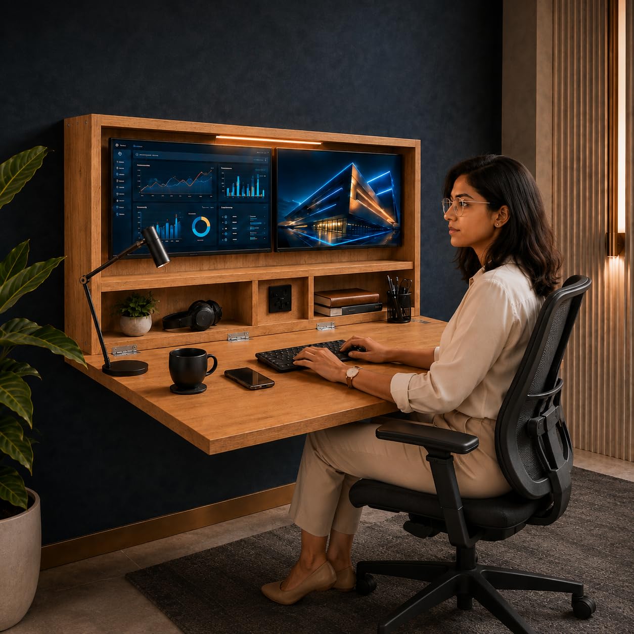 Bniture Engineered Wood Wall Mounted Folding Study Table with Built-in Plug Point, USB & Type-C Charging, Foldable Wall Desk, Floating Computer Workstation, 45 kg Load Capacity-image-3
