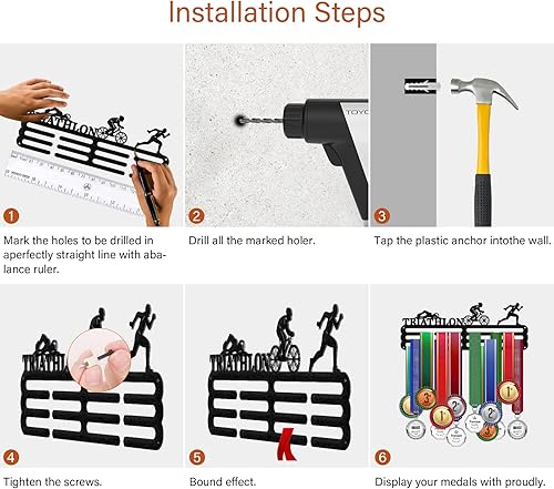 Miniatura 7 de ORIGACH Exhibición para colgar medallas de triatlón, para correr en bicicleta, triatlón, resistente, medallas de montaje en pared, fácil de