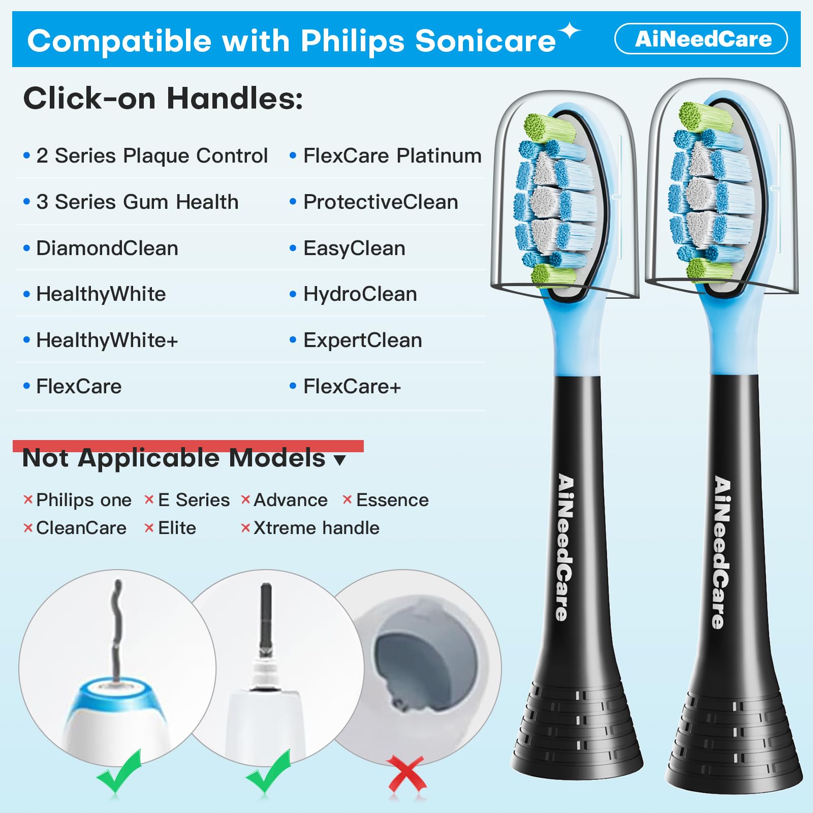 Paquete de 12 cabezales de repuesto para cepillo de dientes Philips Sonicare, cabezales de cepillo eléctrico compatibles con Phillips Sonic Snap-on Care Head (negro)