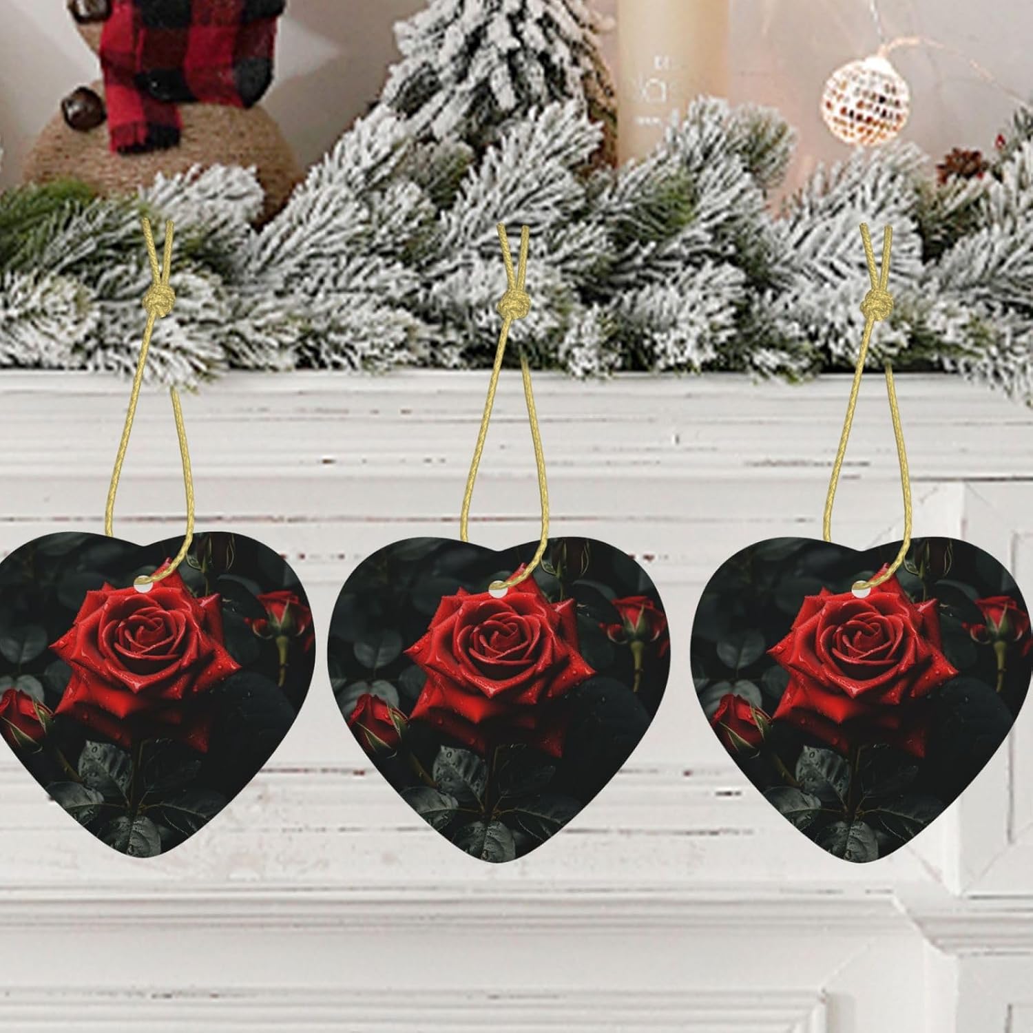 Ceramic Christmas Ornaments Heart Shaped Xmas Hanging Ornament Double-Sided Rose Flower Dark Print Christmas Tree Pendants for Fireplace Party Holiday Wedding Xmas Decoration