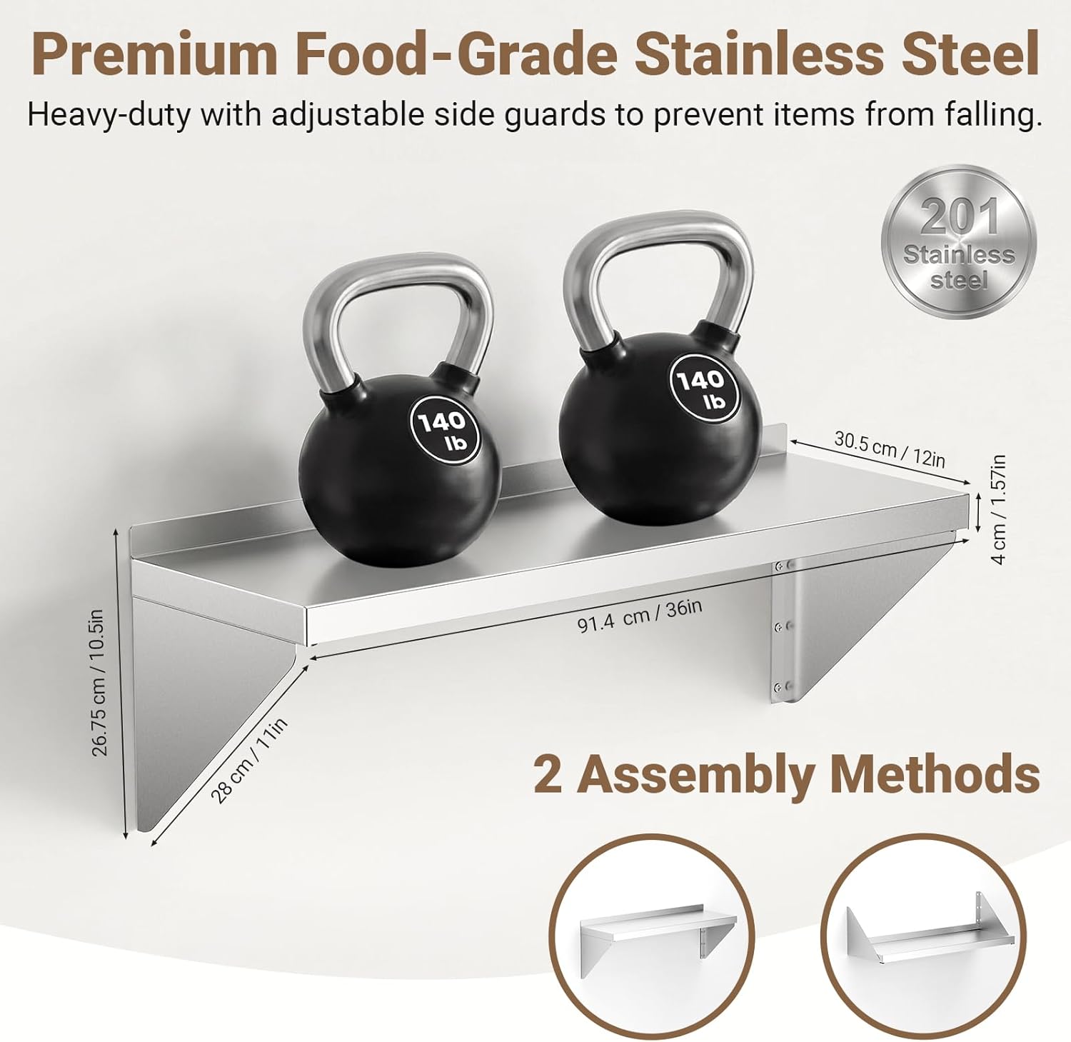 Stainless Steel Shelf with Reversible Brackets, 12" x 36" 280lb Commercial Stainless Steel Shelves Wall Mounted, Heavy Duty Metal Floating Shelving for Kitchen, Restaurant, Garage, Bar