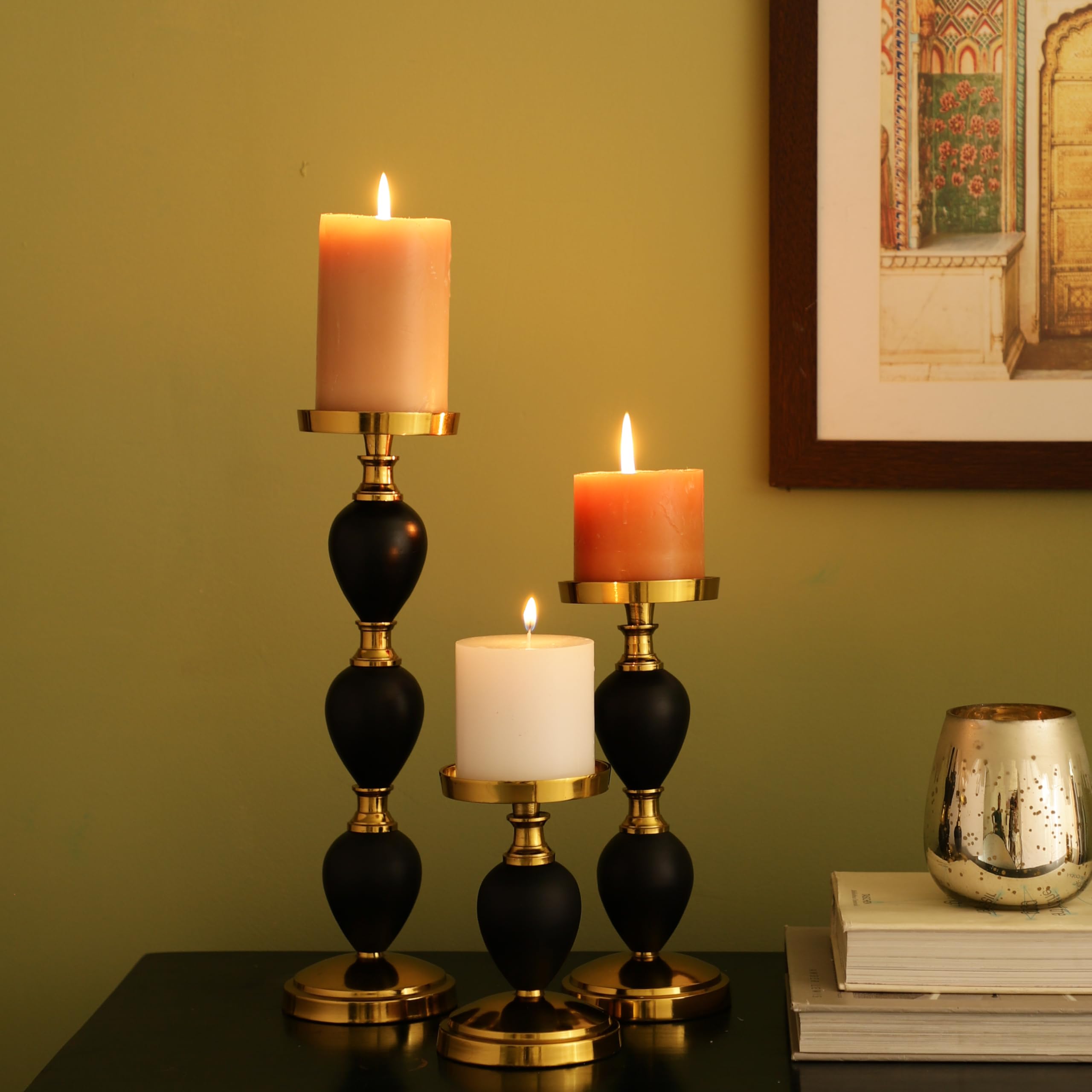 Candleabra Diwali & Christmas Festival Decorative Centerpiece Candle Holder Stand for Tabletop Decor Pillar Candle Stand Set of 3, Candle Holders Stand (Gold)-image-0