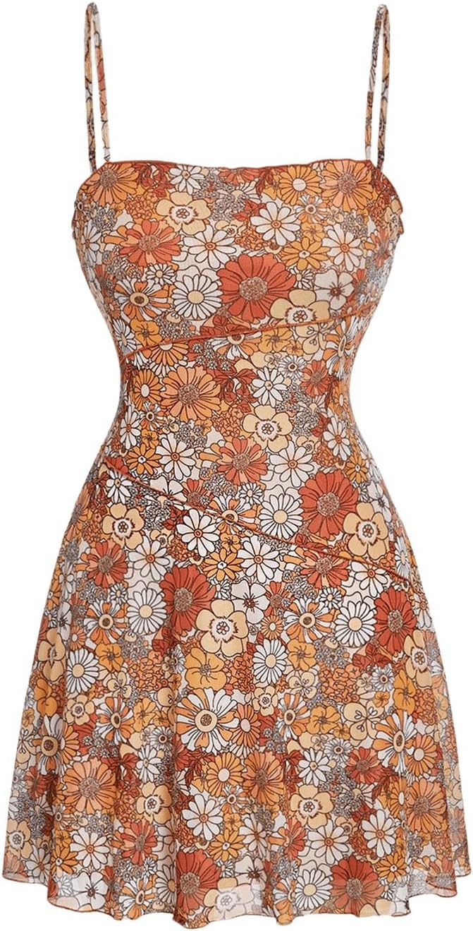 Verdusa Womens Spaghetti Strap Mesh Floral Mini Dress Holiday Party Short Dress Bodycon Summer Casual