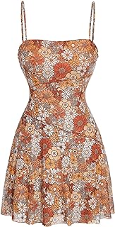 Women's Floral 70s Mesh Ruffle Vintage A Line Flared Sundress Sleeveless Cami Short Dress - Buy now