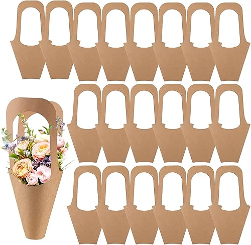 Framendino, Paquete de 20 bolsas de regalo de flores de papel kraft, ramo de envoltura floral con mango, cono, fundas para floristería para