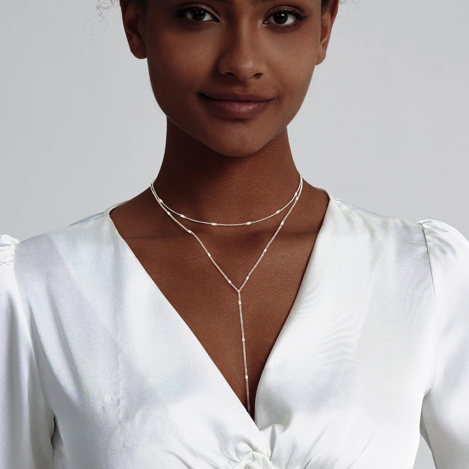 Lariat Gold Necklace for Women, Dainty Long Necklace 14k Gold Plated/Silver Y-Shaped Layered Beaded Chain Drop Necklaces for Women Trendy Simple Gold Jewelry for Women Gifts - Image 2