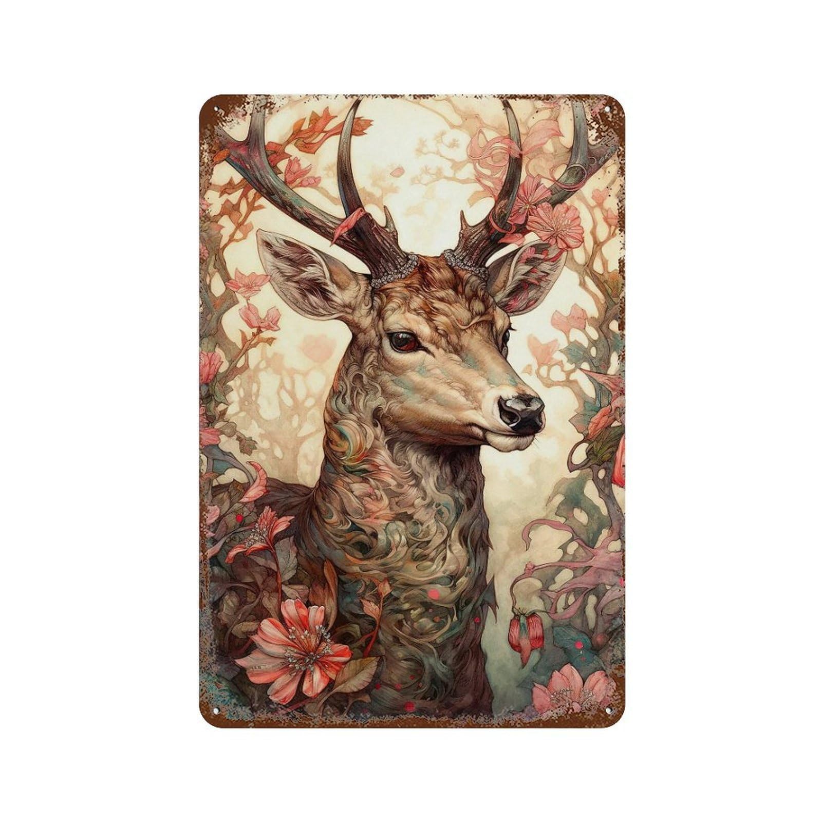 Rusty Metal Tin Sign with Fantasy Deer Art Print Design 11.8"x7.9", for Shed, Workshop And Garage Wall Decor, Classic Wall Plaque