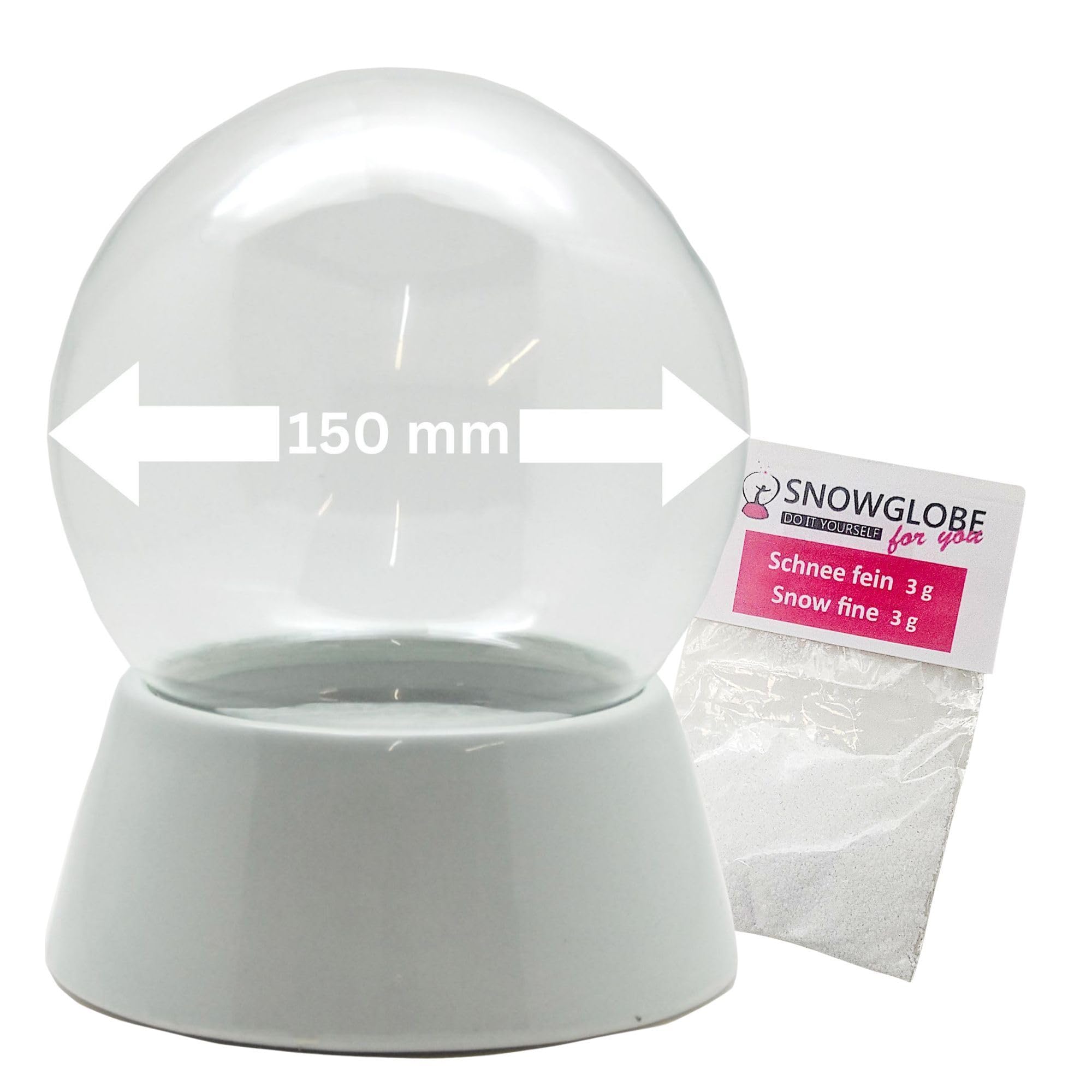 Boule à Neige Bastelset avec 1 x Neige | 150mm-Do-it-Yourself Boule à Neige avec Boule en Verre et Base en Porcelaine Blanc | pour boîte à Musique | DIY Boule à Neige | L : 150mm H : 180mm | 40036