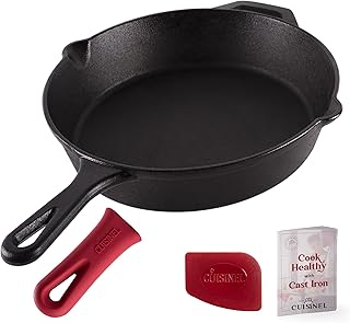 Cuisinel Cast Iron Skillet - 12"-Inch Frying Pan with Assist Handle and Pour Spots + Silicone Grip Holder Cover - Preseaso...