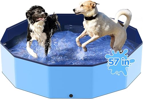 57'' Foldable Dog Pool, Kiddie Pool, Heavy Duty Non-Slip Plastic Pet Wading Pool for Large Dogs, Indoor and Outdoor Kids Pet Dog Bathtub