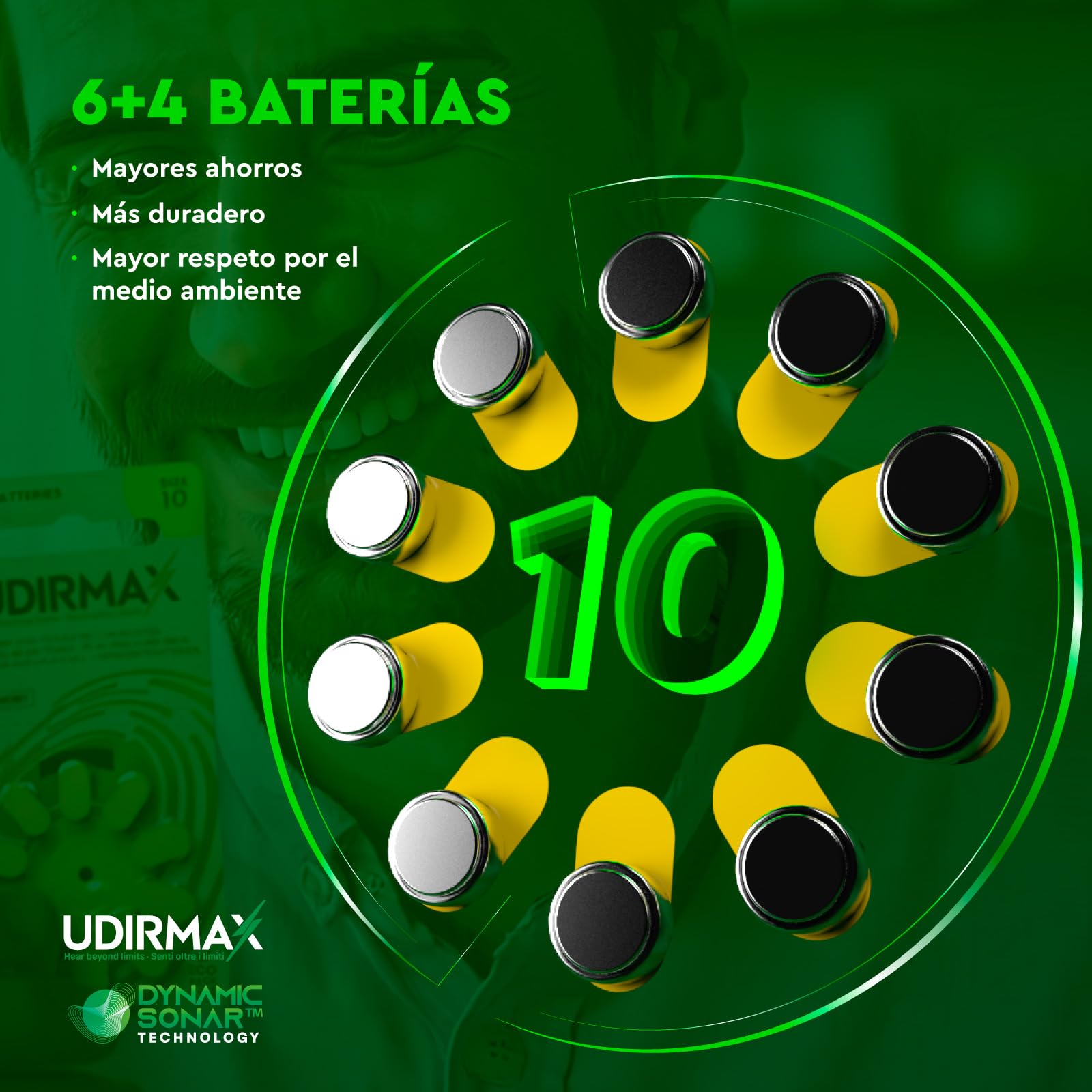 60 Baterías para Audífonos Tamaño 10 Udirmax Pilas PR70 Amarillas Zinc-Aire 1,45V Eco Pack - 6 Blísteres Ecológicos de 10 Pilas