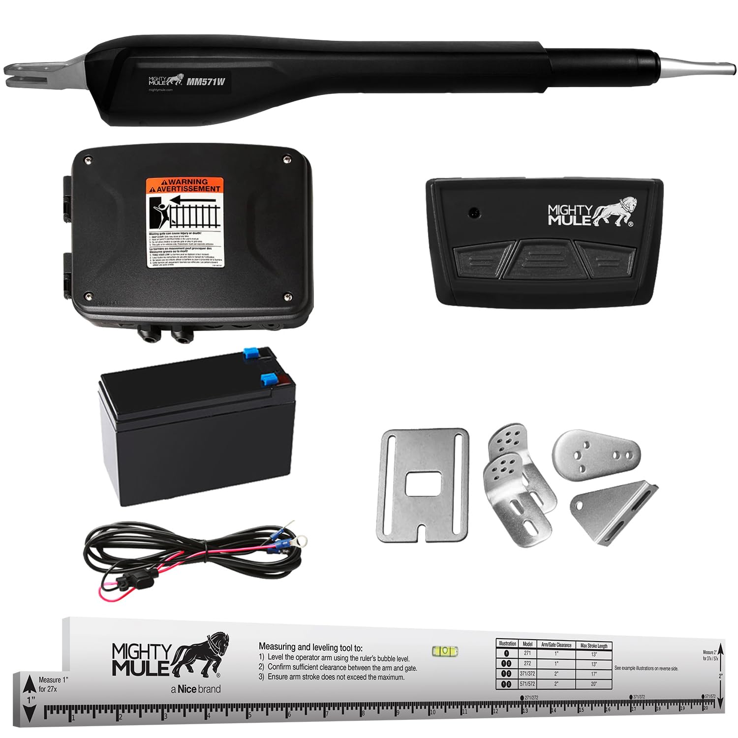 Mighty Mule Gate Opener, Solar Ready, Automatic Gate Opener for Single Swing Gates up to 850lb or 18ft, with Precision Installation Ruler, Upgraded Kit, MM571W-A Single Gate Opener - Upgraded
