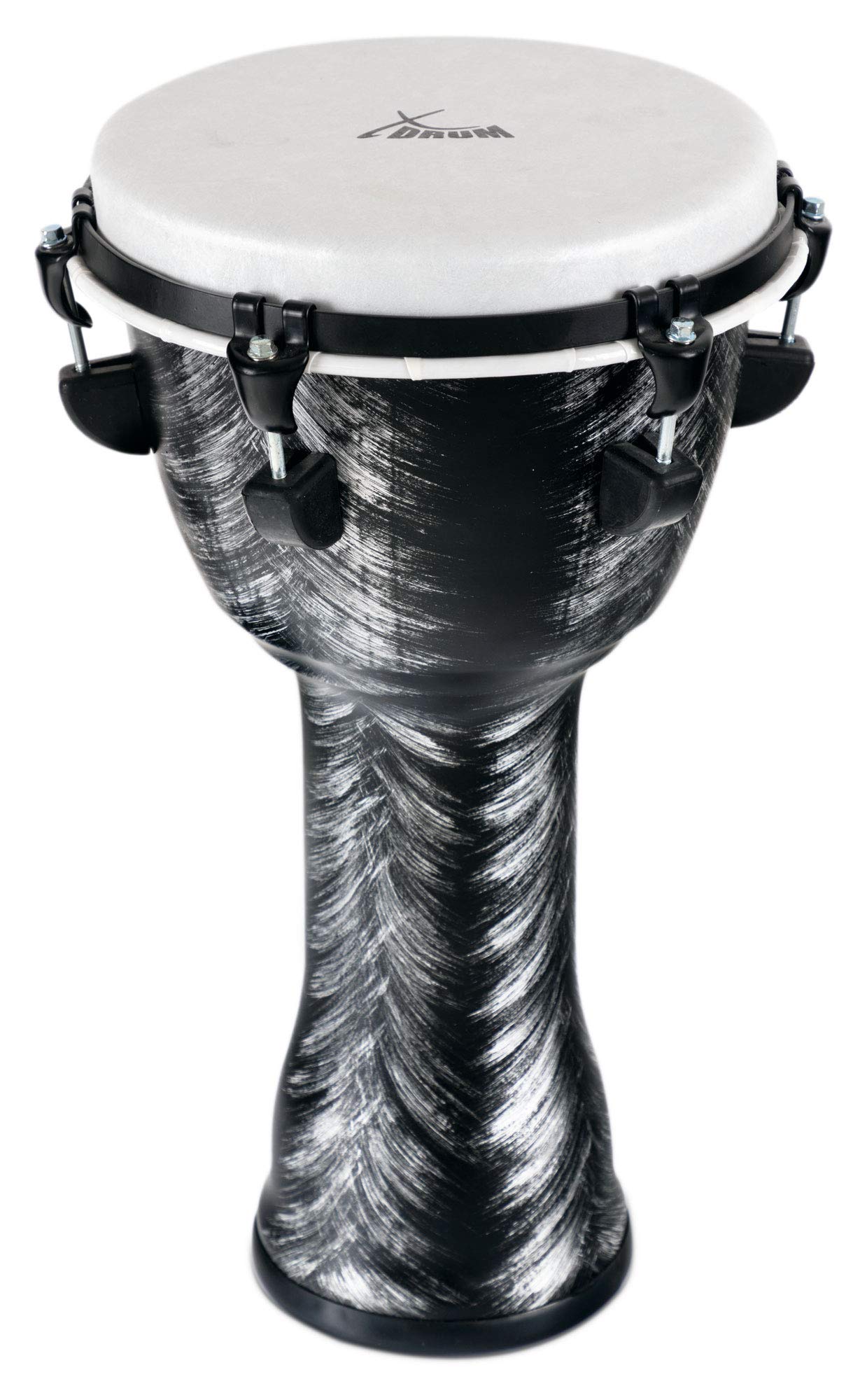 XDrum Djembe 10" Silver Brush, Djembe estilo africano, Altura: 20" (50 cm) | Diámetro: 10" (25 cm), Fabricado en PVC, 6 tornillos de afinación, Piel sintética con aspecto natural, Base de goma, Peso: 2