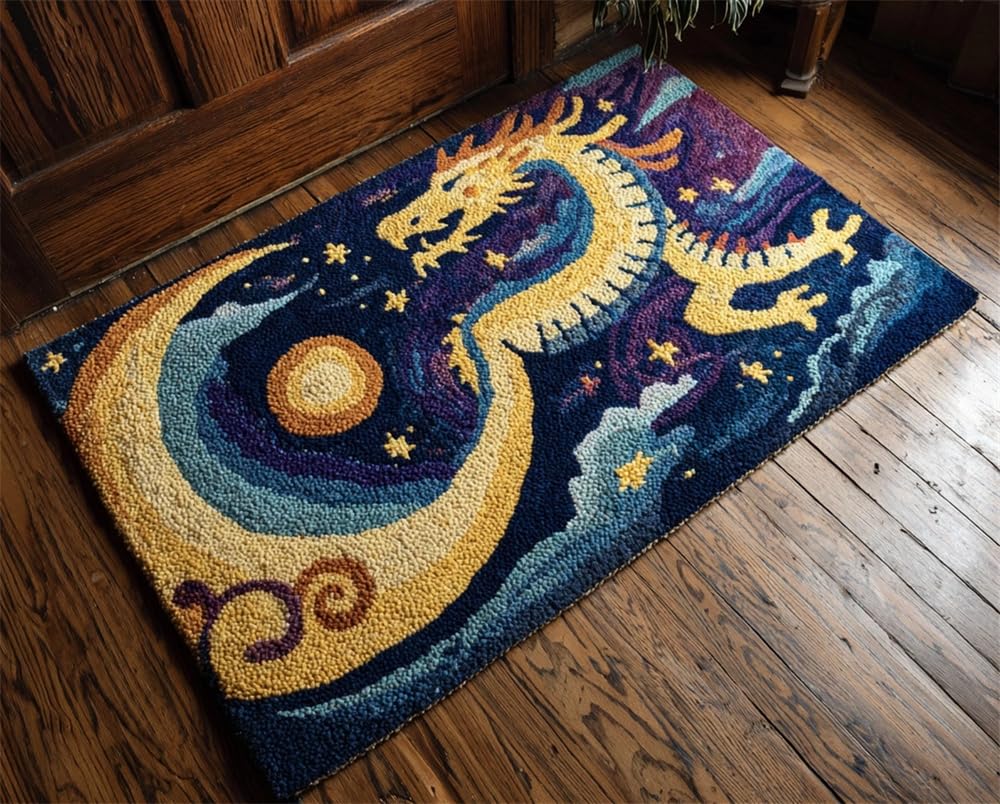 Kitquiver Latch Hook Kits for Adults Rug Dragon Under The Starry Sky Crafts Crochet Yarn with Pre-Printed DIY Handmade Embroidery Needlework for Home Decoration 15X20In