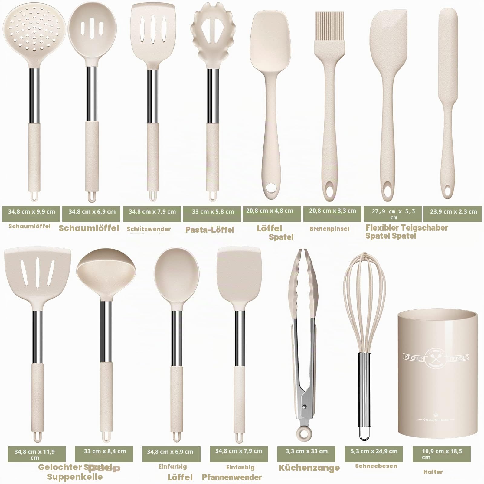 Umite Chef Küchenutensilien-Set, 15-teilig, Silikon, hitzebeständig, antihaftbeschichtet, BPA-frei, Edelstahl-Griff, Pfannenwender, Löffel, Zange, Schneebesen, Kochgeschirr