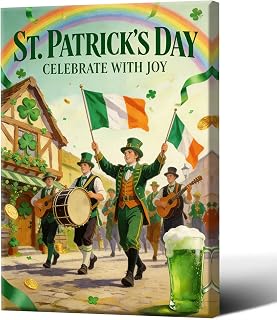 Vintage St. Patrick's Day Wall Art - Antique Irish Street Parade Oil Painting with Rainbow Irish Flag and Shamrock Festive Green Beer Celebration Poster for Holiday Decor 24X36 in Wrapped Framed