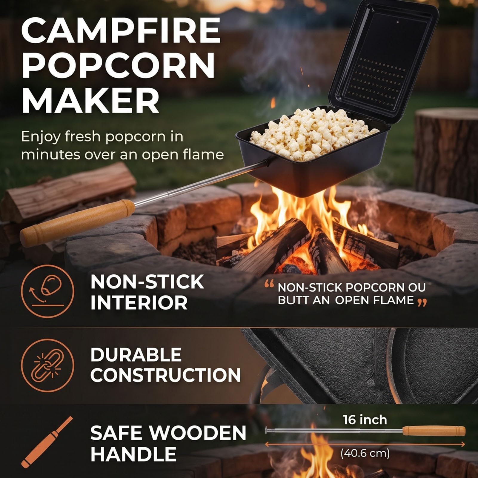 Camping Popcorn Popper Antiadhésif Manche en Bois Foyer Batterie de