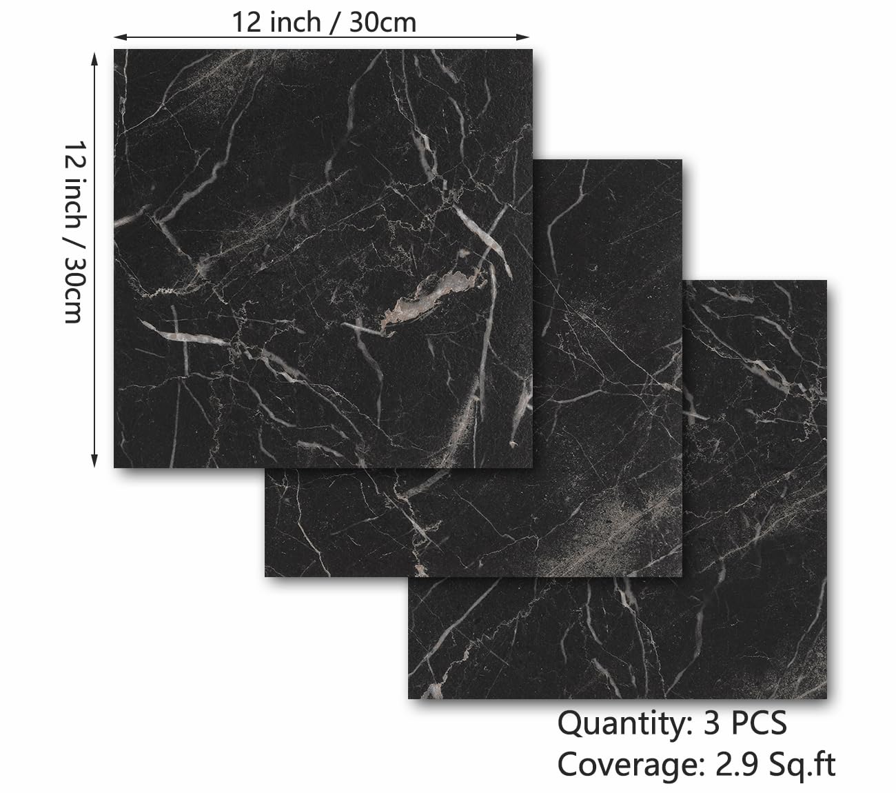 Decotalk Black Peel and Stick Floor Tile Black Marble Flooring Tile Floor Square Tiles Bathroom Floor Tile Waterproof Dark Shower Floor Tiles 12x12 Inch Floor Tile for Kitchen Bathroom 3PCS