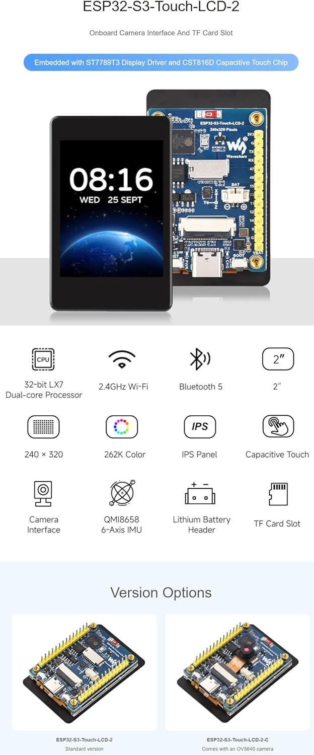 ESP32-S3 2inch Capacitive Touch Display Development Board, 240×320 Pixels, IPS Panel, 32-bit LX7 Dual-core Processor, Up to 240MHz Frequency, OV560 Camera NOT Included @XYGStudy (ESP32-S3-Touch-LCD-2)