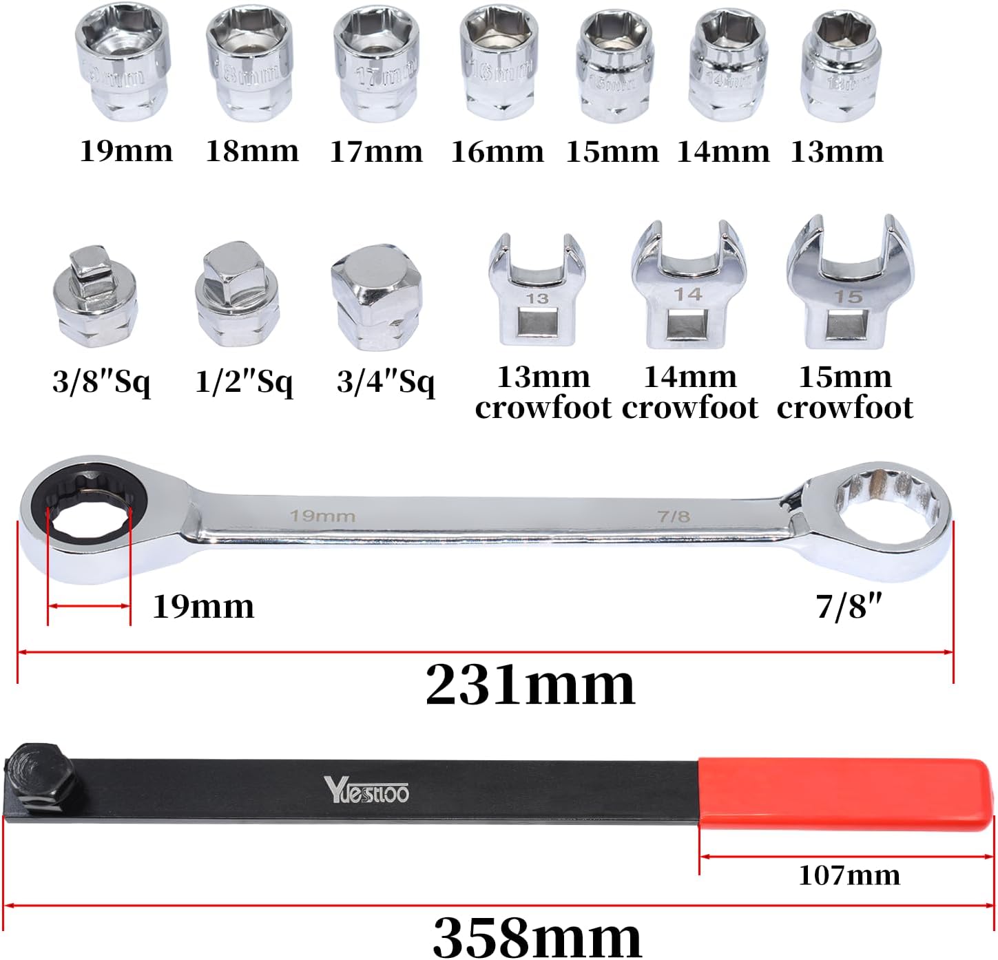 (SIMILAR TO STOCK PHOTO)15pcs Universal Ratcheting Serpentine Belt Tool Set, Serpentine Belt Removal Installation Tensioner Kit with Ratcheting Wrench, Crowfoot Wrenches, Socket Adapters, 6-Point Sockets Black Case