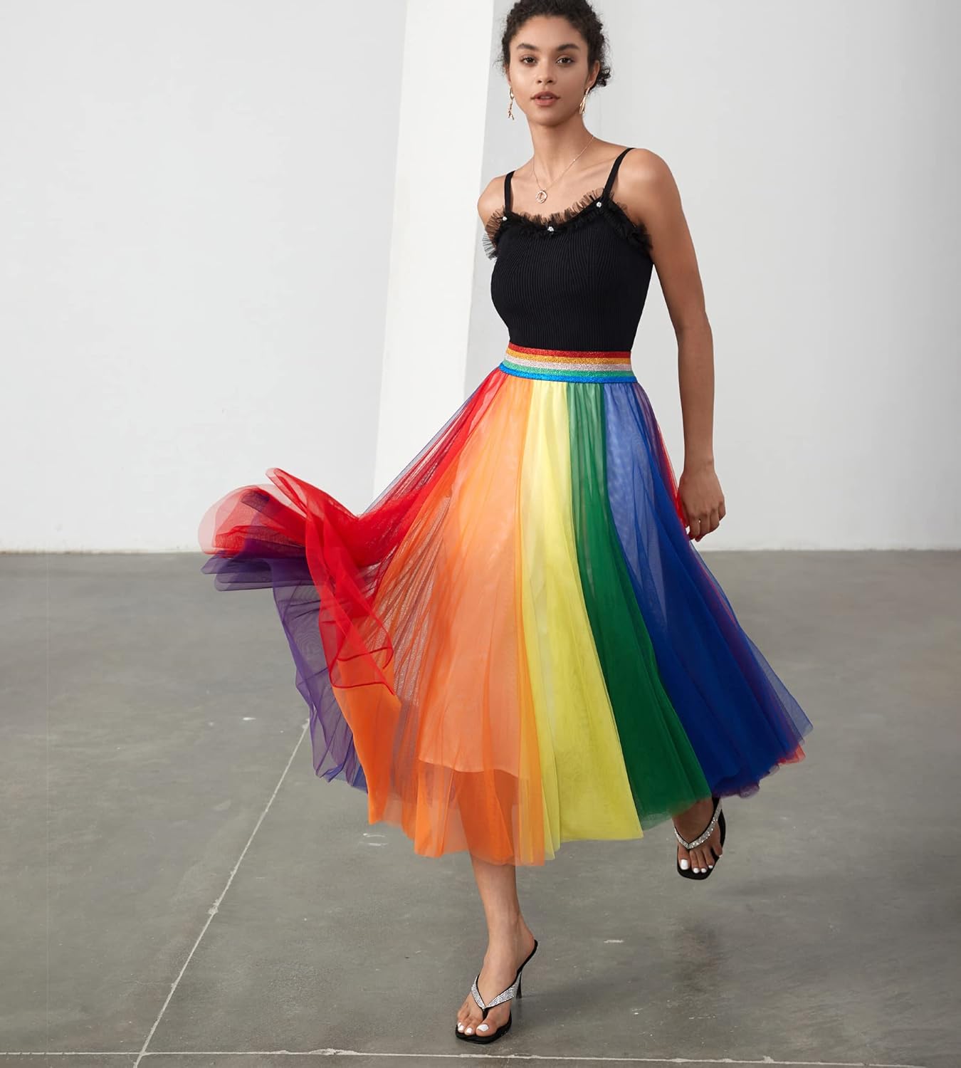 Women Pleated Long Tulle Skirt High Elastic Waist Swing Casual Midi Skirt - Image 3
