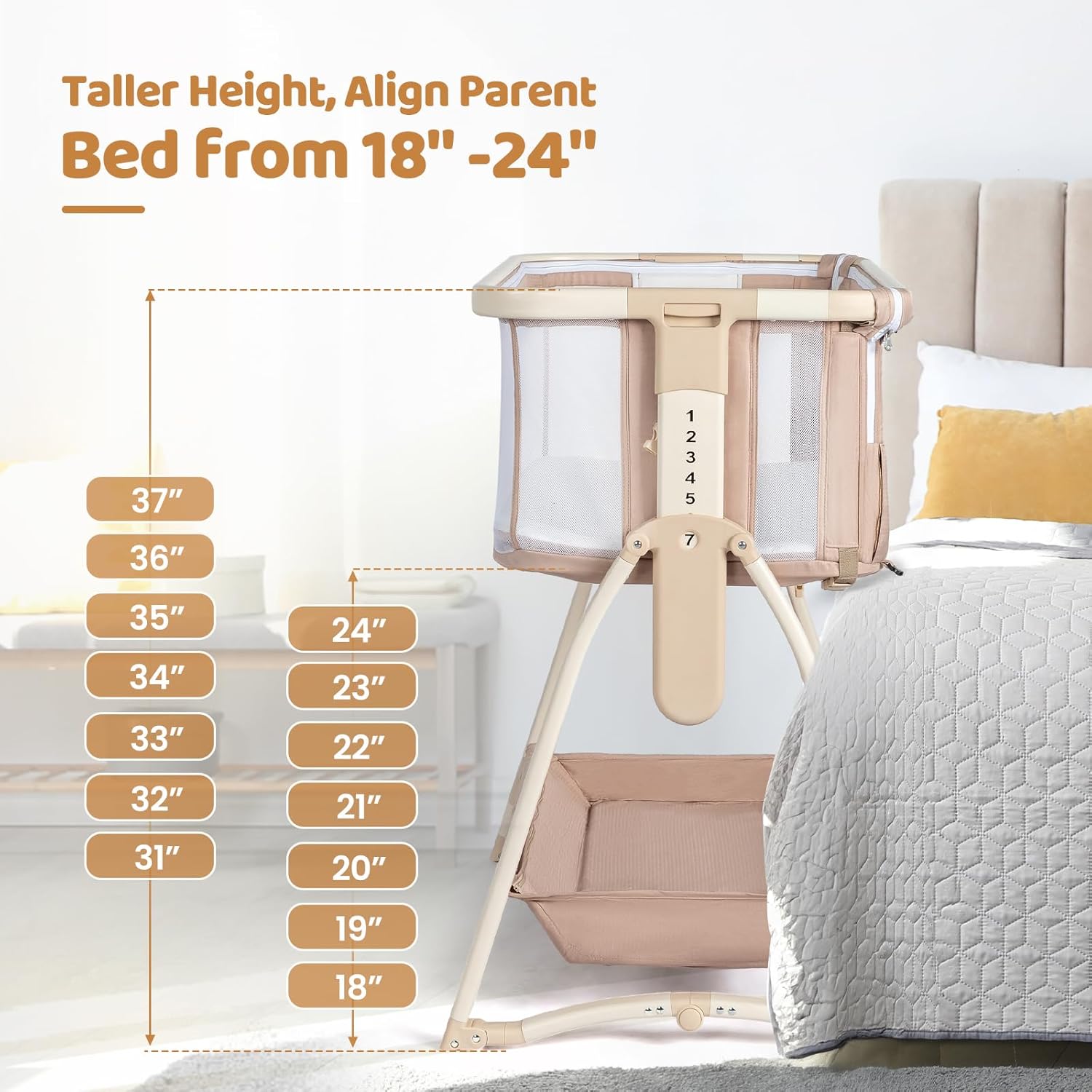 Bassinet height adjustment for parent bed alignment
