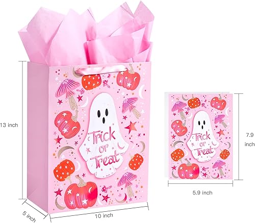 Miniatura 2 de WRAPAHOLIC Bolsa de regalo grande de Halloween de 13 pulgadas con tarjeta y papel de seda, diseño clásico de Halloween y letras de Happy Halloween