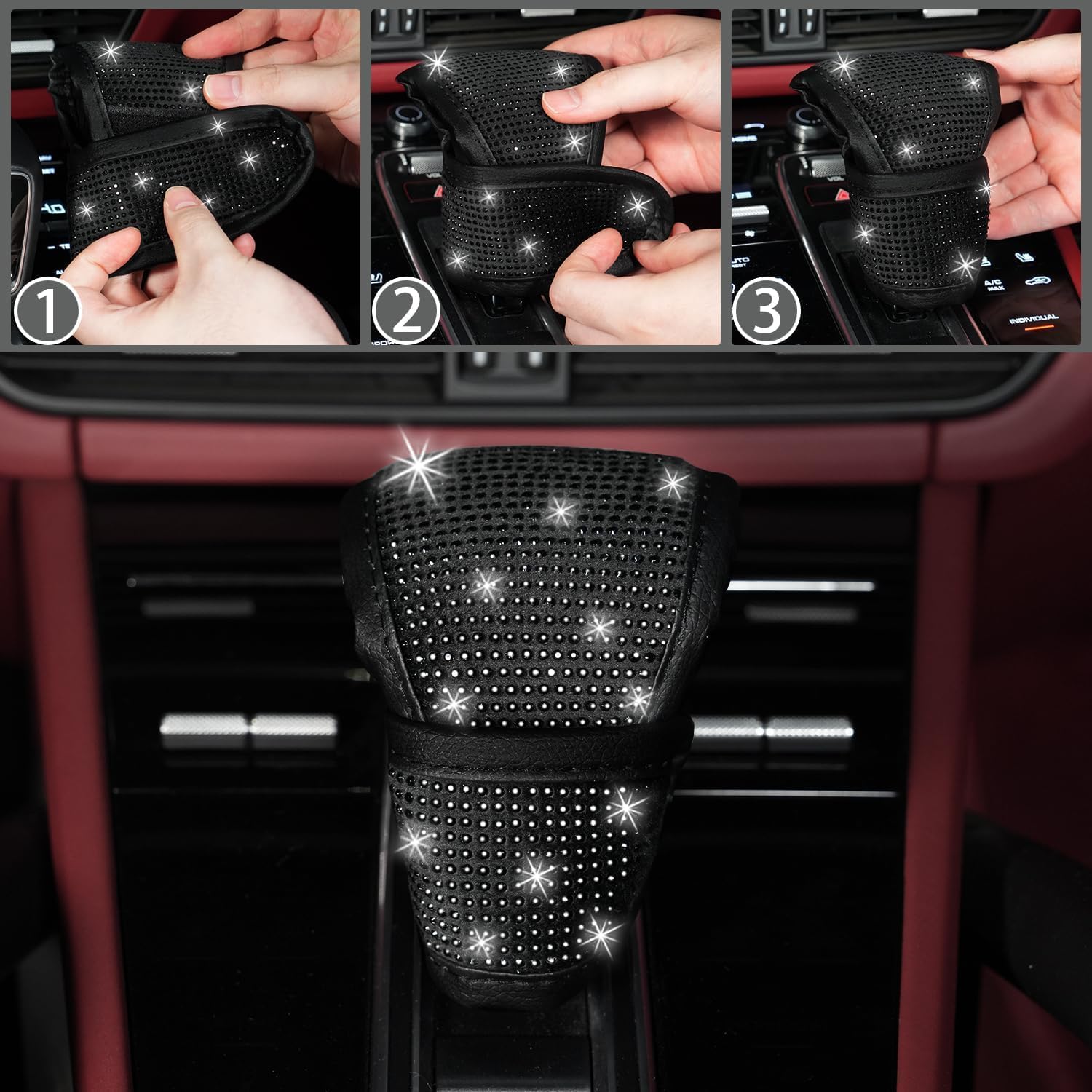 NBTEPEM 12 Pcs Bling Car Accessories Set for Women Car Floor Mats Full Set Steering Wheel Cover Seat Belt Covers Coasters Universal Fit Car SUV Truck Van Black