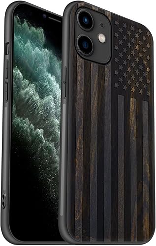 Carveit Funda de madera para iPhone 11 madera auténtica dura y poliuretano termoplástico negro suave Funda protectora híbrida a prueba de golpes,