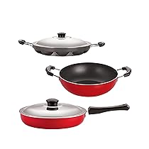 NIRLON Classic Range Non-Stick Cookware Silver Gift Set 3pcs – (Fry Pan, Kadai & Appam Patram) Red/Black