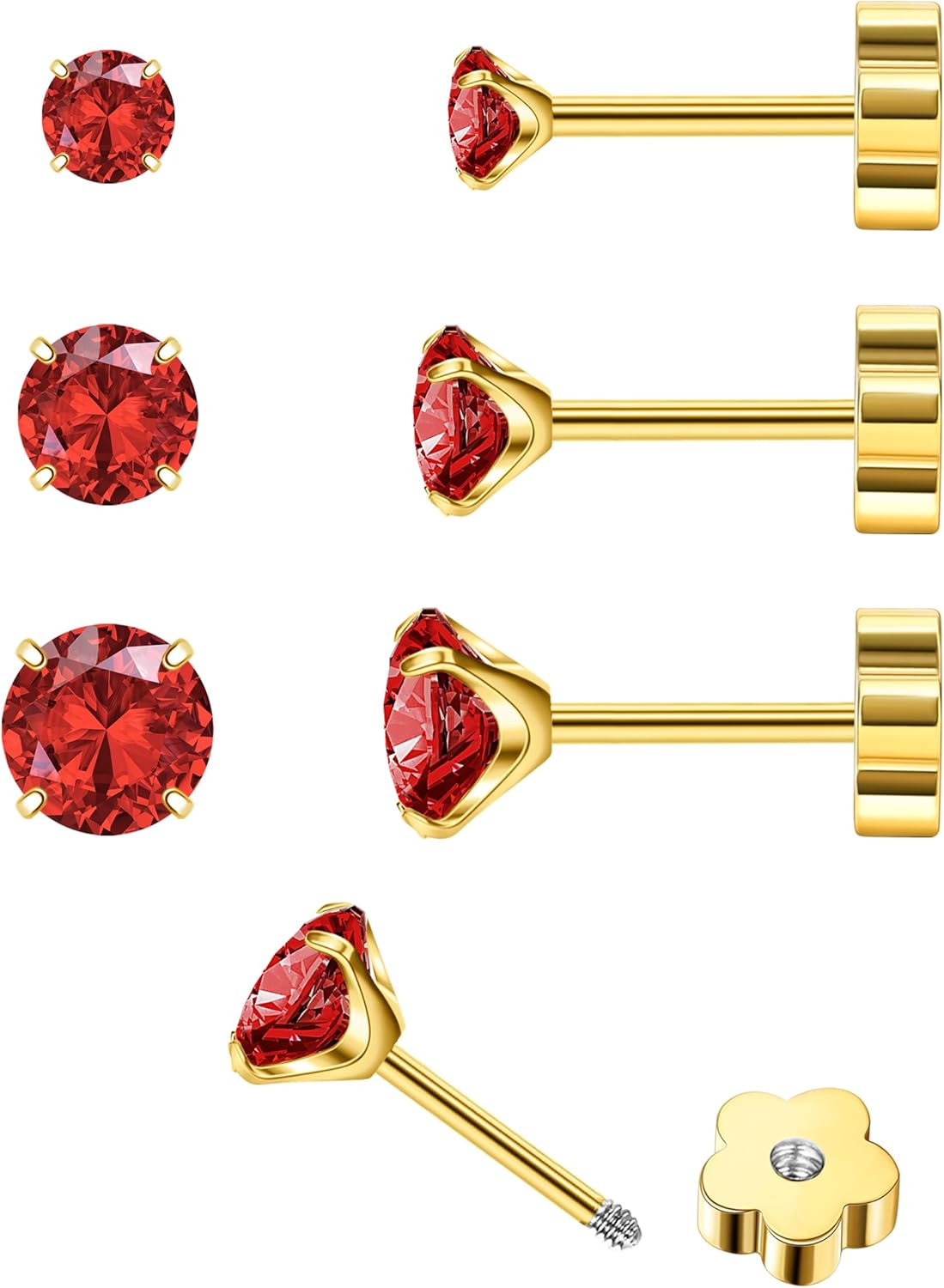 14K Gold CZ Flat Back Earrings for Women Hypoallergenic Cartilage Cubic Zirconia Earrings Studs 20G Handmade Nap Screw Back Earrings for Helix Conch Multiple Piercing