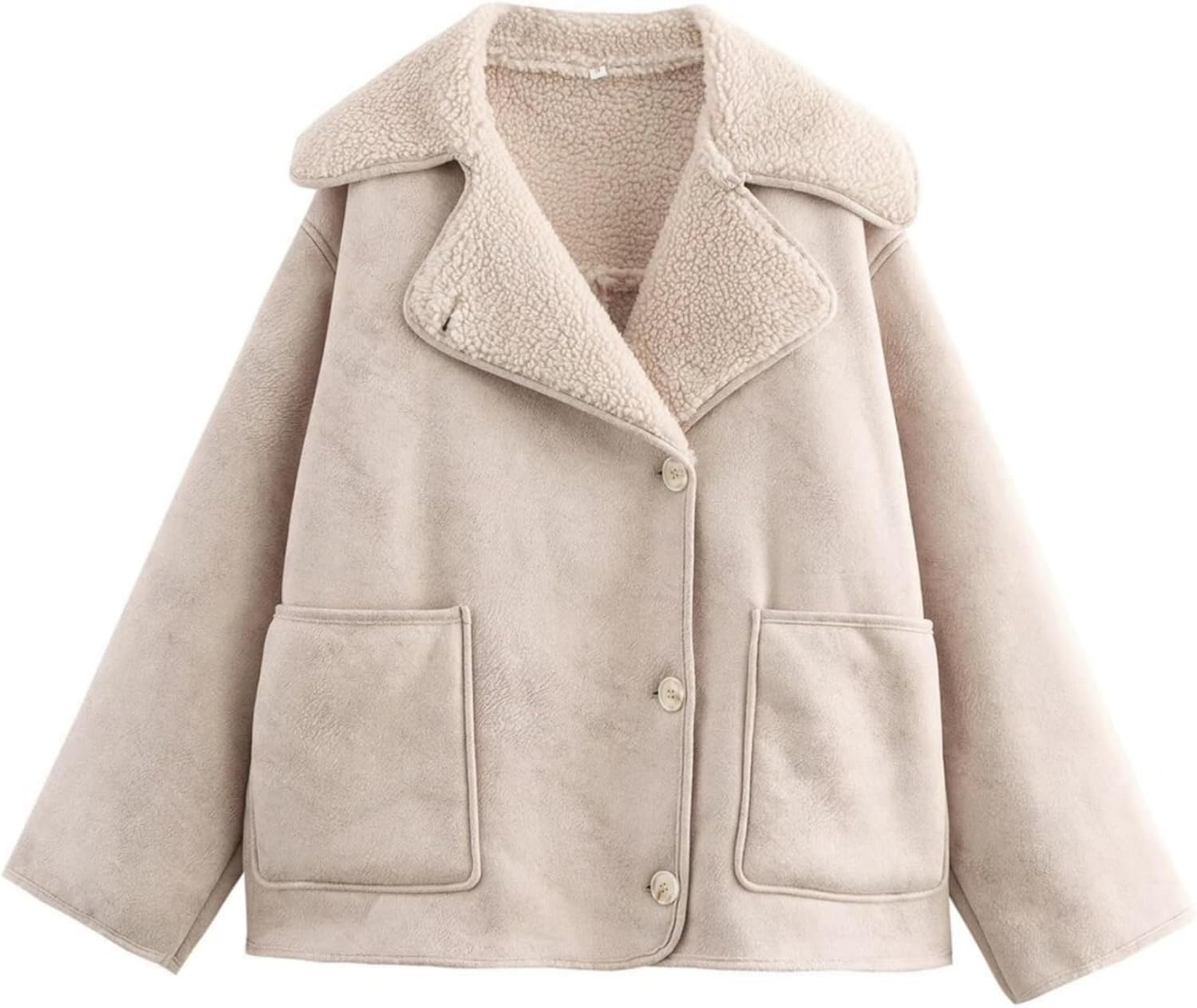 Perbai Women's Lapel Fleece Lined Single Breasted Faux Suede Jacket Oversized Leather Trucker Coat - Image 3