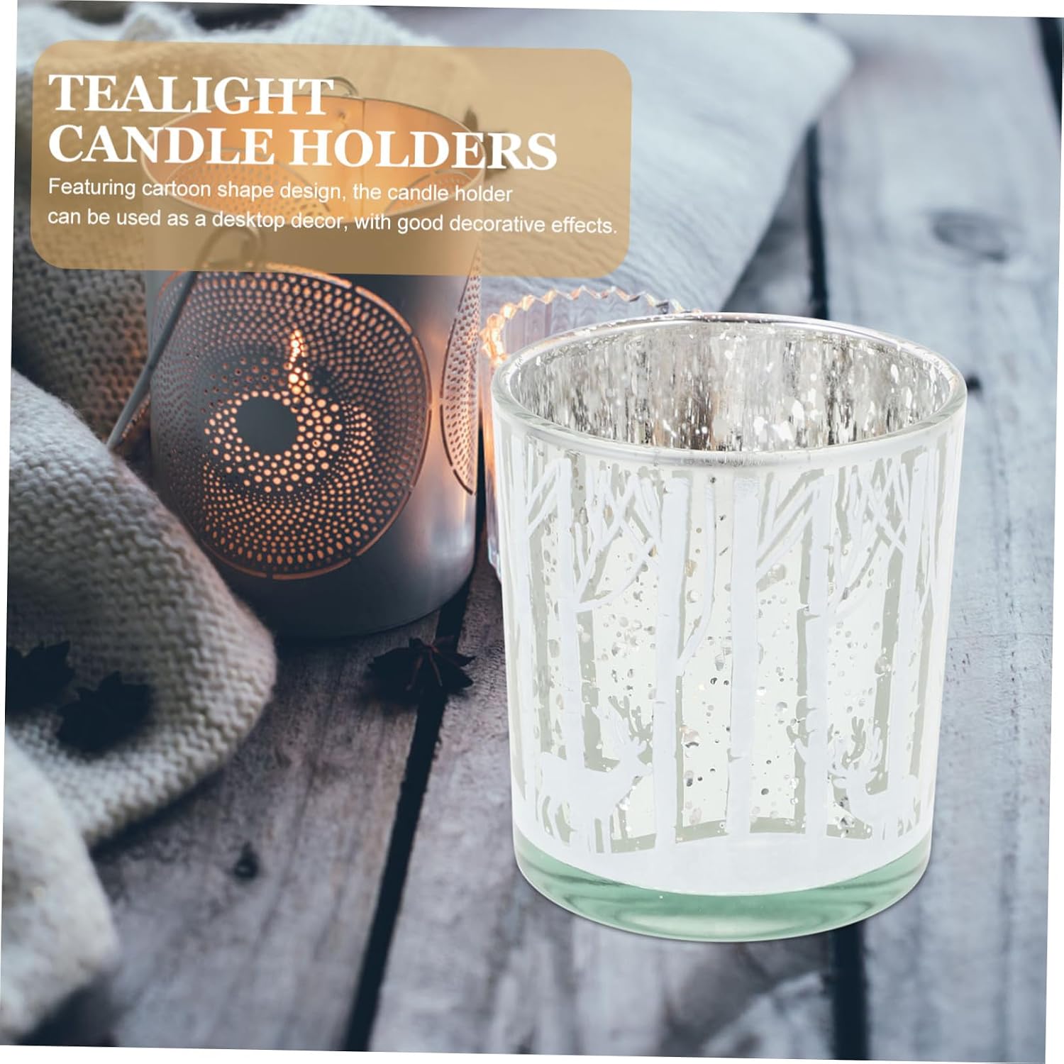 Zerodeko 2pcs Christmas Tealight Candle Holders Glass Christmas Tree and Reindeer Votive Candleholders Silver Table Centerpiece Decorative Xmas Party Home Decor