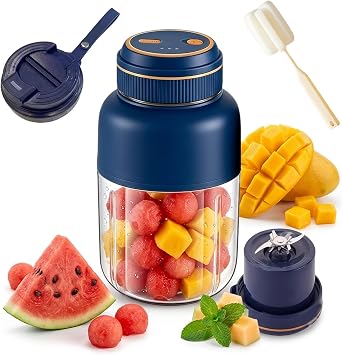 Portable Wireless Juicer Cup, 27/44 Oz Portable Juicer Blender 38 Blade, USB Rechargeable Cordless Mini Blender Handheld for Travel, Gym and Office Blue,1 cup&2 lids, 44Oz
