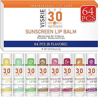 SPF 30 Sunscreen Lip Balm, Bulk Travel Size-64 Pack, Hydrating with Vitamin E & Coconut Oil- 8 Flavors