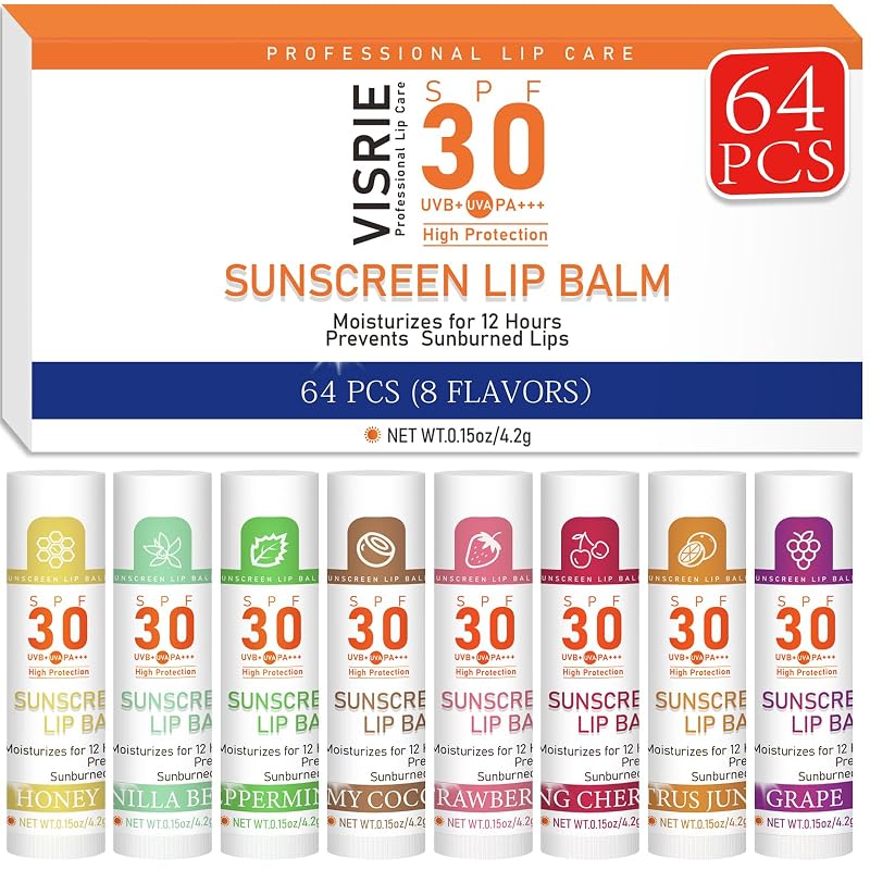 Bálsamo labial VISRIE com designação técnica SPF 30, 64 unidades, 8 sabores