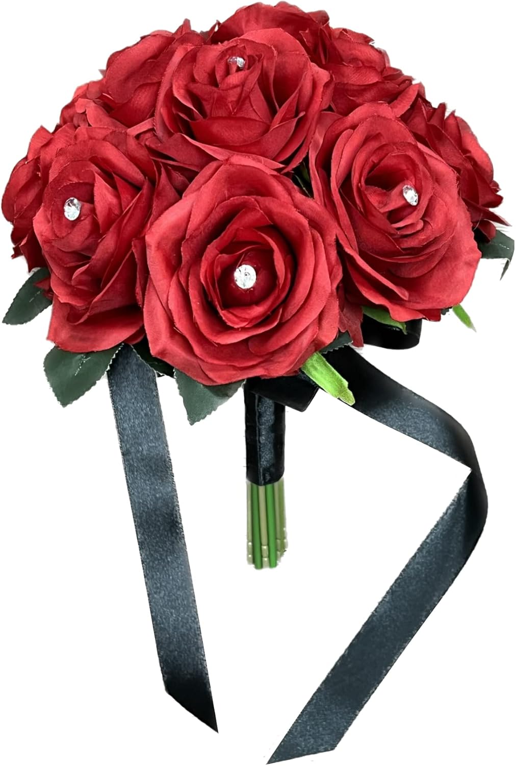 Angel Isabella, LLC Artificial Rose Bouquet-1 Dozen Roses Ready to use -Toss Bridesmaid Maid of Honor Silk Flowers (Red Roses-Rhinestone)