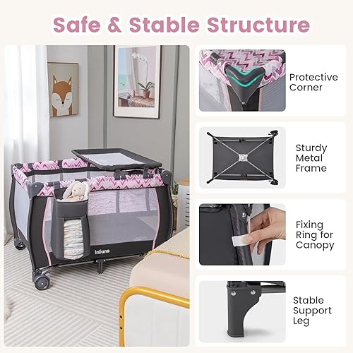 Miniatura 4 de INFANS 4 en 1 Pack and Play, corralito portátil de viaje para bebé con moisés, mesa para cambiar, toldo, mosquitera, juguetes colgantes, caja de