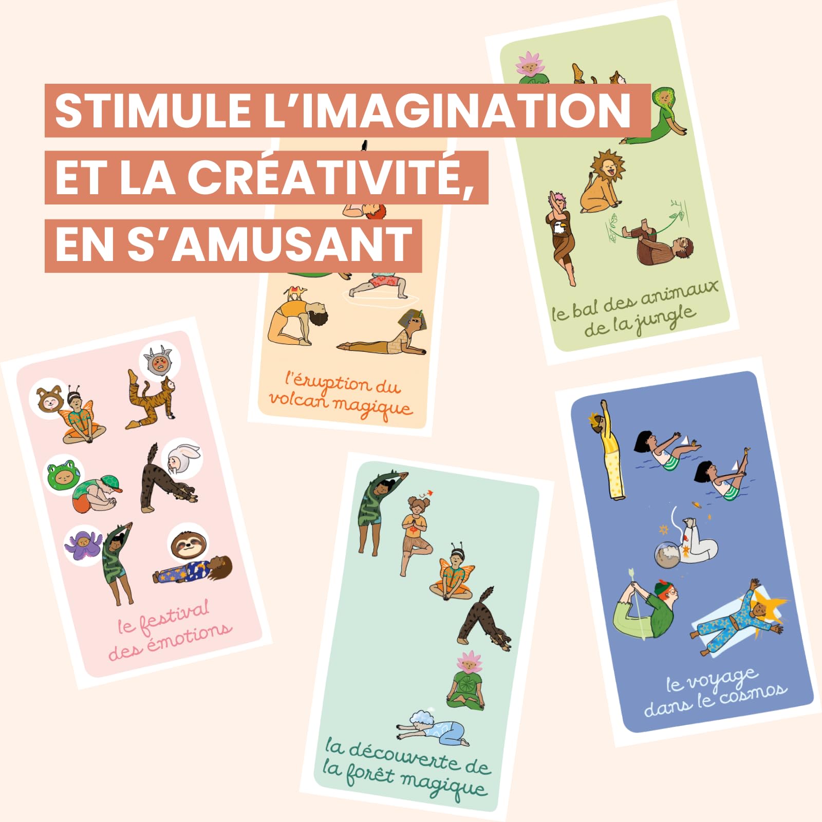 YogAsana Yoga Niño 75 Cartas - Estuche divertido y educativo de Tarjetas de Yoga y Emociones + 5 Historias - Tarjeta Yoga Infantil - Desarrollo motricidad, Confianza, Imaginación y calma
