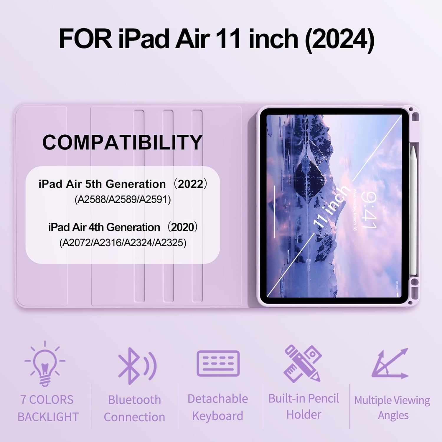 aoub Compatible with iPad Air 11 Inch Case with Keyboard & iPad Air 5th/ Air 4th Generation - 7-Color Backlit, Detachable Folio Cover for Air 11-inch M3/M2 (2025/2024), Purple - Image 2