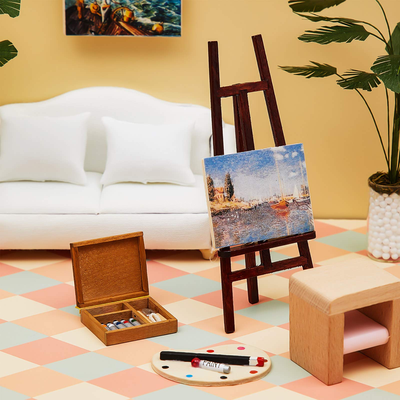 Juego de accesorios de pintura de casa de muñecas de 3 piezas, caballete de madera, paleta en miniatura, caja de acuarela para muñecas 5