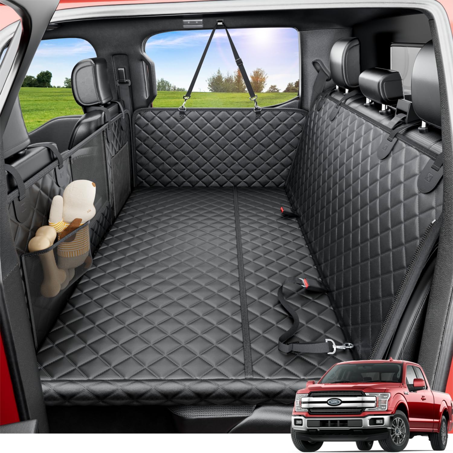 reevaa dog truck seat cover for back seat, hard bottom dog hammock for car, pet bed extender for 2-4 large dogs, waterproof seat protector, universal xl size fits for crew cab truck/suv, black black xl- full-size trucks, suvs