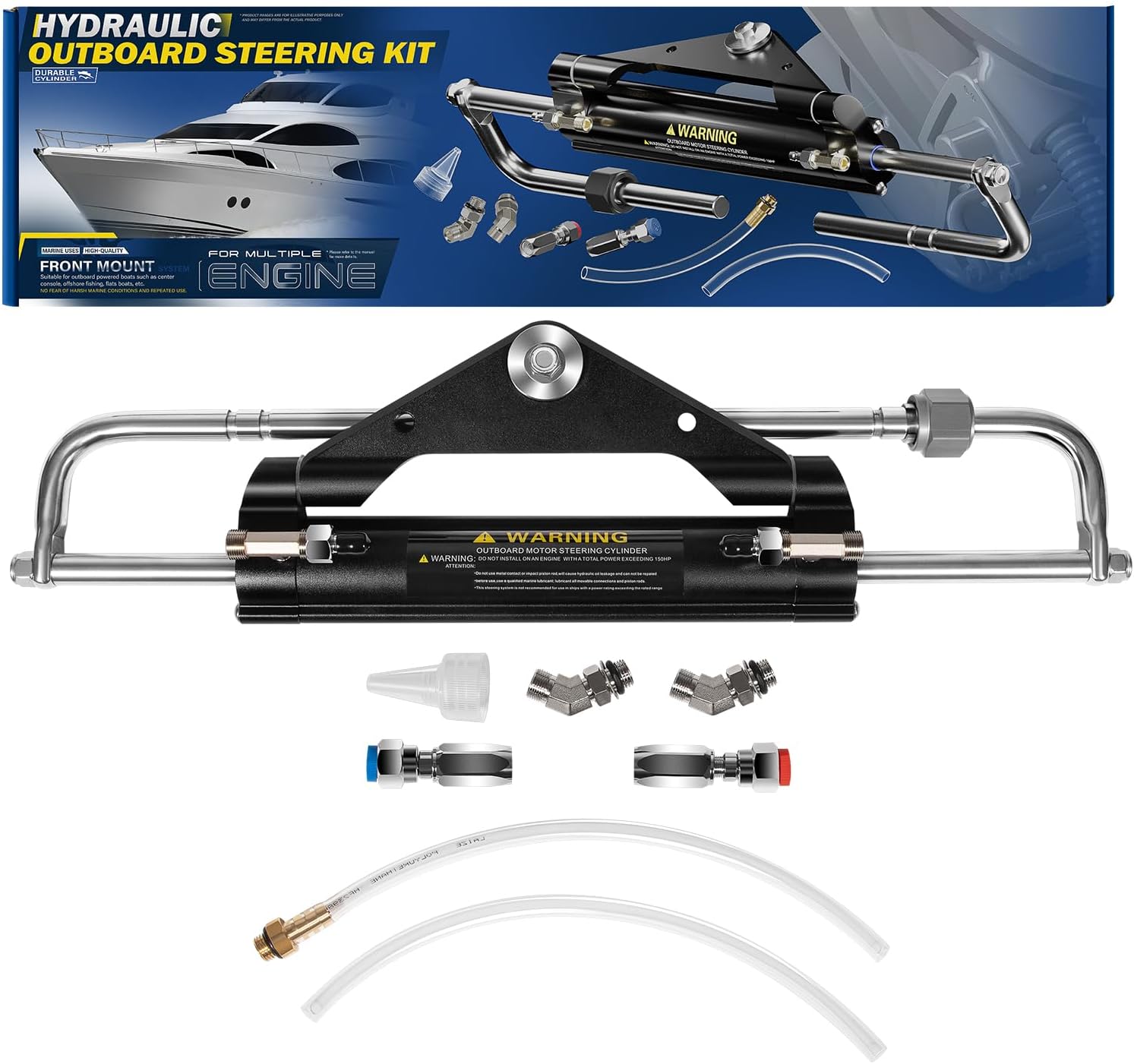 150HP Outboard Hydraulic Steering Cylinder – Replace for Seastar 150HP Front Mount Aluminum Alloy Cylinder - 10.3MPa/1500 PSI , ORB Fittings, Two-Way Lock Valve –for Single/Twin Engine Outboard Boats