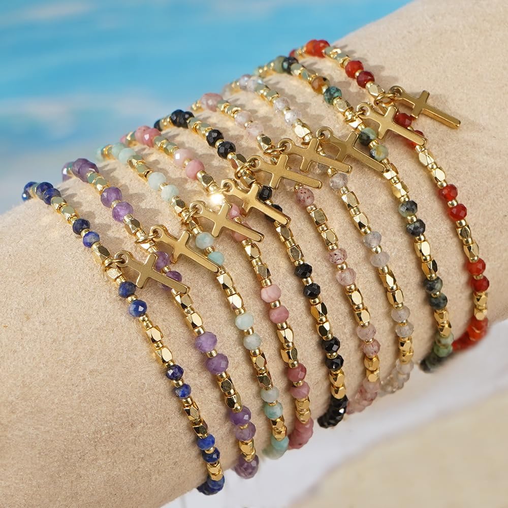 Christian Gold Cross Nature Gemstones Seed Beaded Bracelets for Women,Luxurious Handmade Adjustable String Rope Amulet Jewelry, Friendship Gift - Image 3