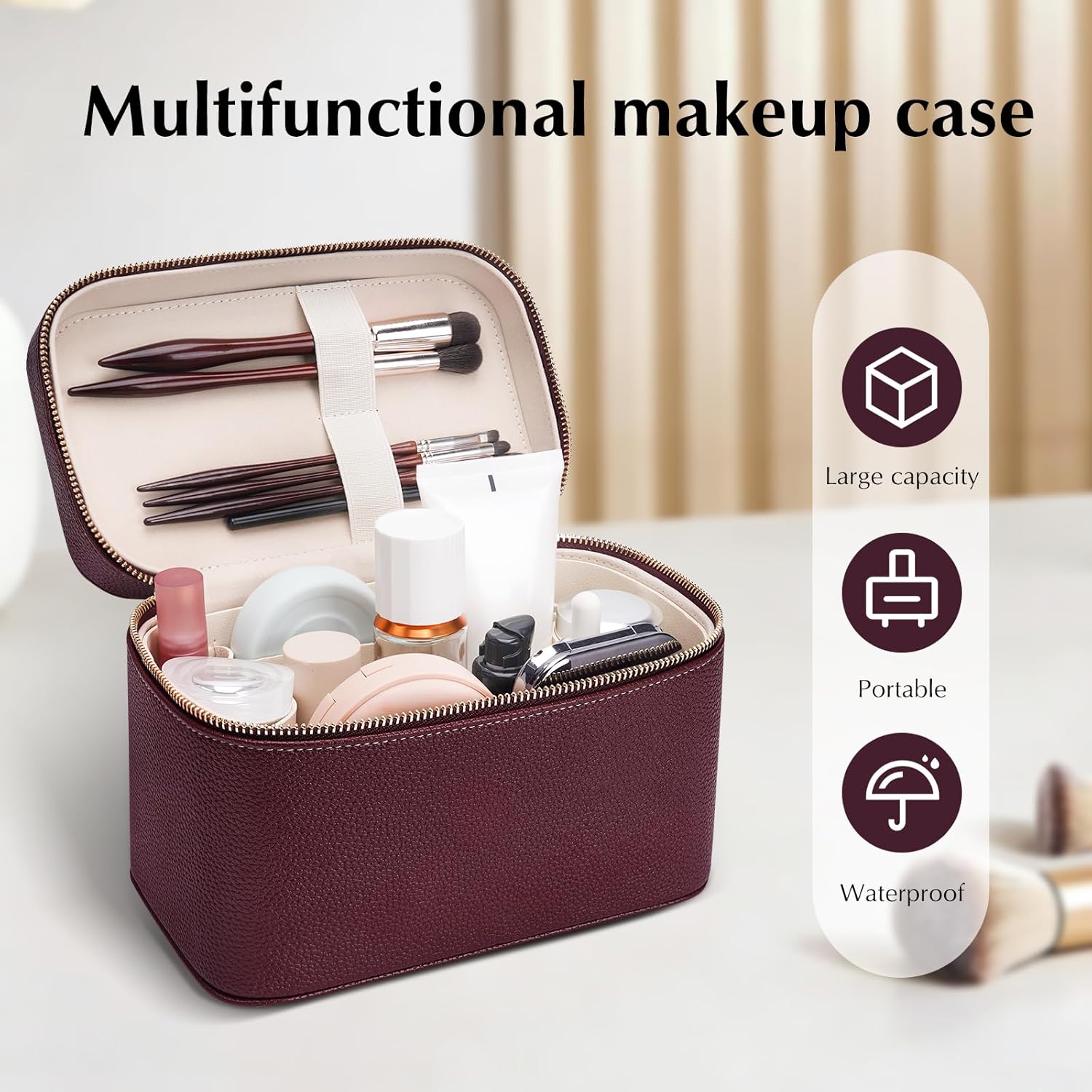 Makeup Case for Women, Leather Makeup Bag Cosmetic Case with Removable Divider, Large Capacity Waterproof Portable Travel Toiletry Make up Organizer Case