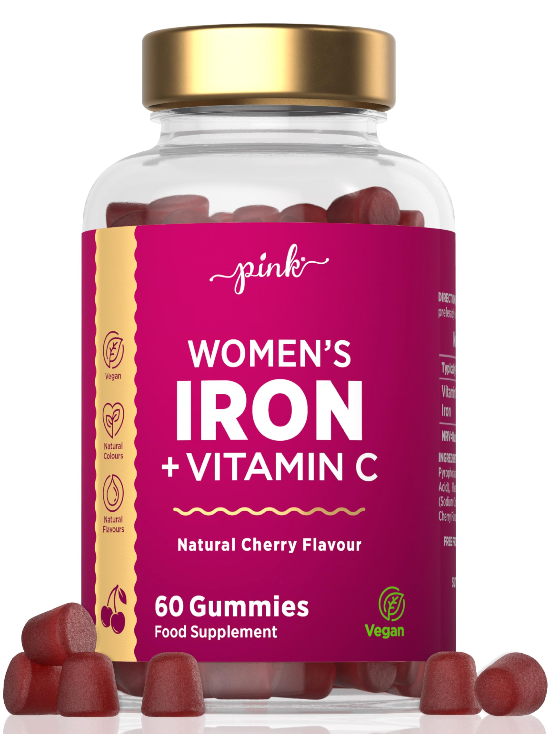 Iron Gummies for Women | 100% NRV Supplement with Vitamin C | High Strength 14mg Iron | Natural Cherry Flavour | Vegan 60 Gummies | PINK