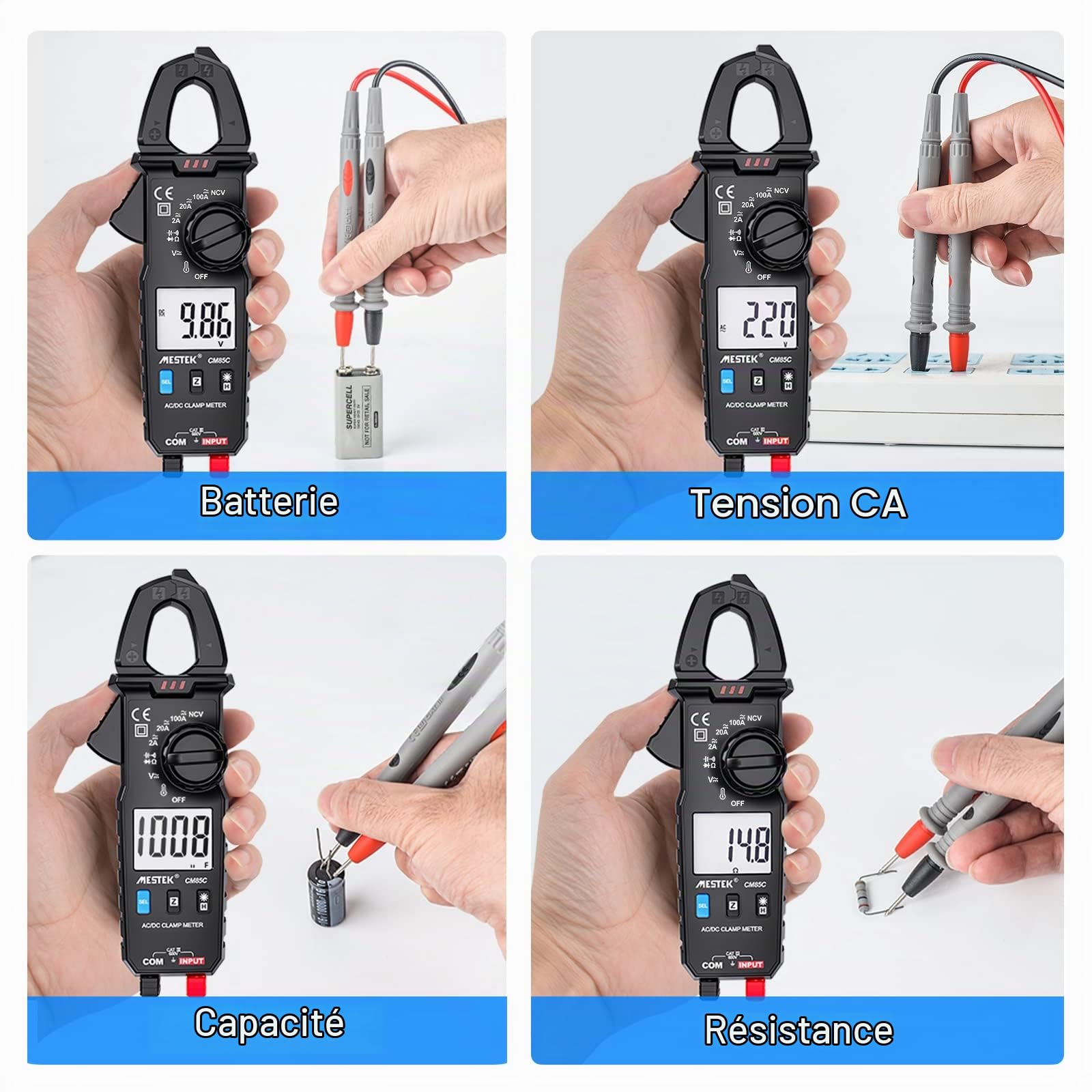 Pince Ampèremétrique Multimètre Numérique AC DC MESTEK Clamp Meter Autorange Électrique Ampèremètres Voltmètre Tester T-RMS Mesure Courant Température Continuité Tension Diode Résistance Capacité NCV