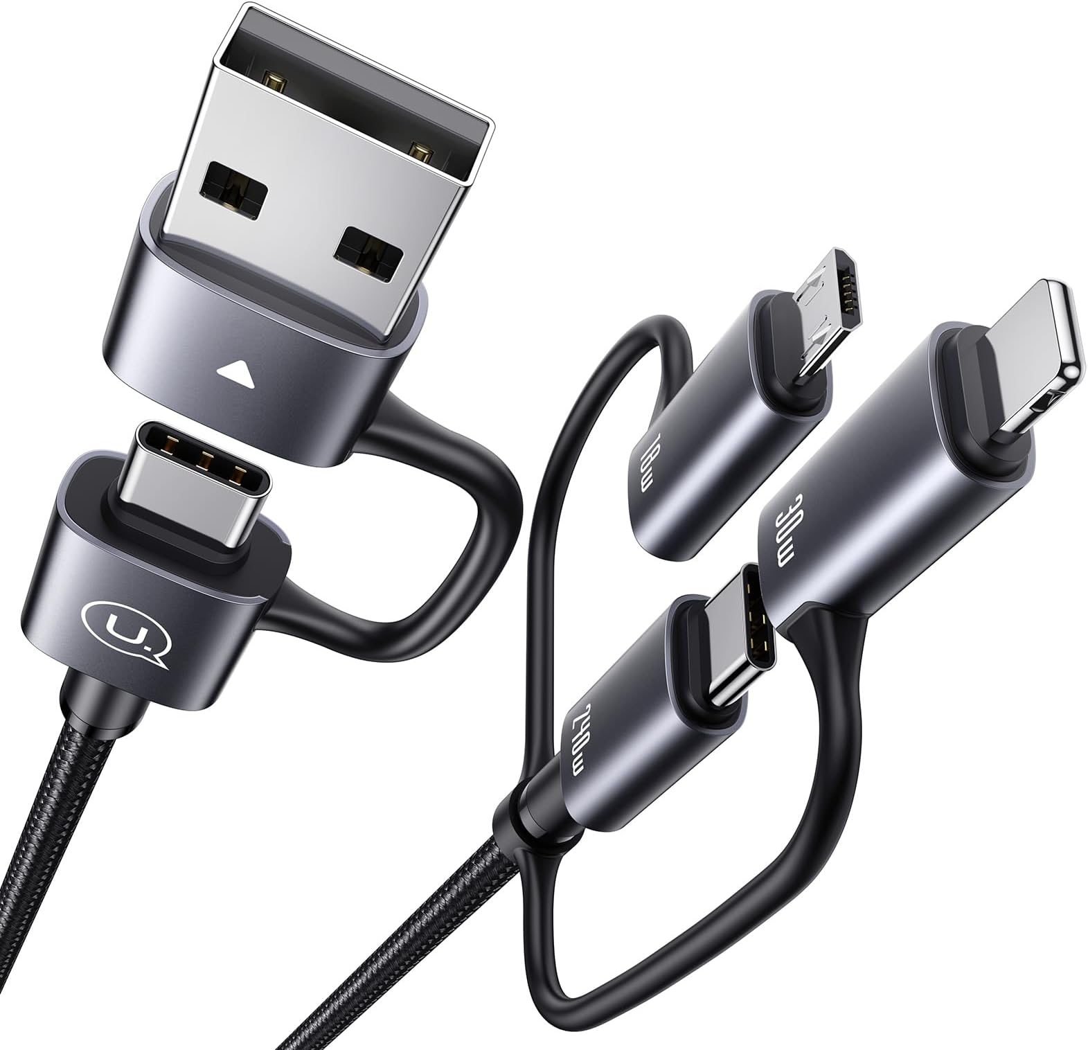 240W Multi Charging Cable, 4ft 6-in-1 USB C Cable Fast Charging Cords with USB-C/A Ports to IP/Type C/Micro Connectors for Pad/Cell Phones/Tablets/Laptop